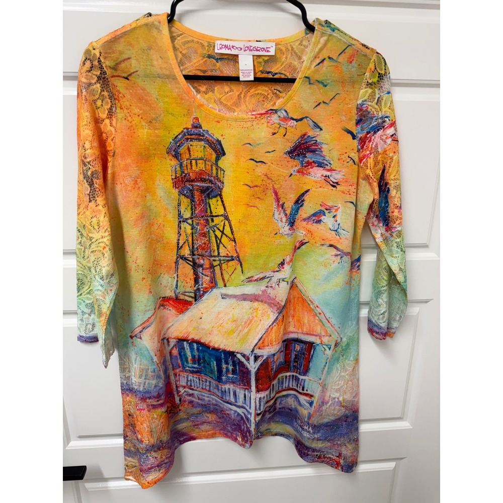 Leoma Lovegrove Lighthouse Art Tunic Top Rhinestone Lace Sleeve Womens Small